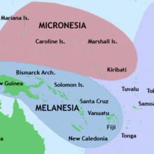 A map centered on Oceania with the three dominant cultures highlighted. The Micronesia in the top left is pink, Melanesia is under Micronesia and labeled blue. 