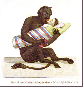 Cartoon of the Devil holding Napoleon as a baby on a swaddling board
