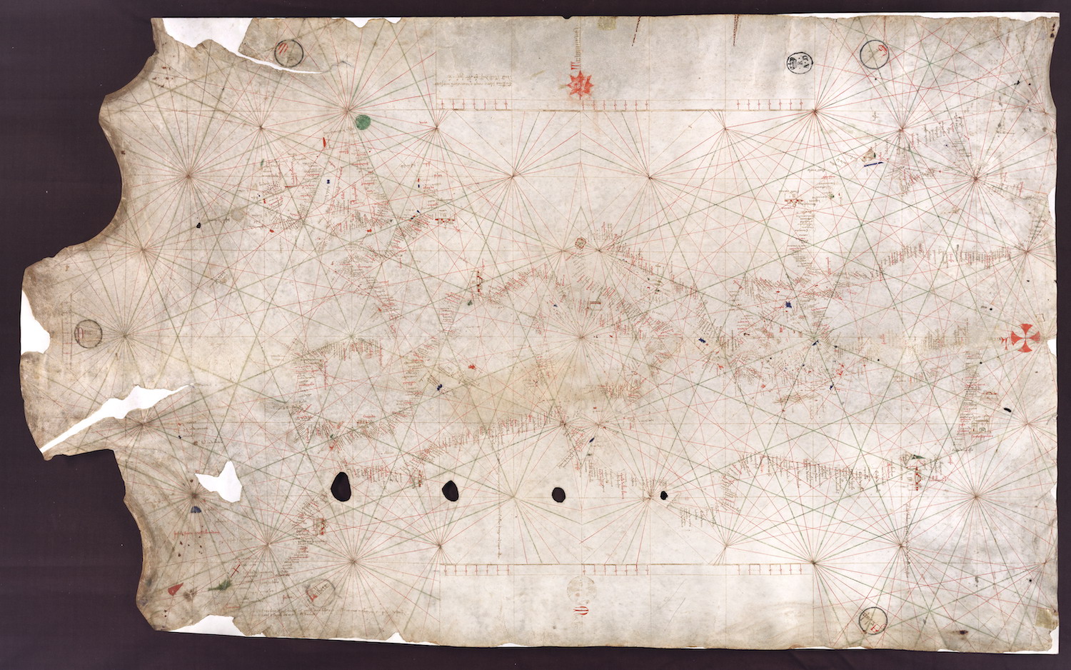 Nautical chart with criss crossing lines radiating from fixed points. 