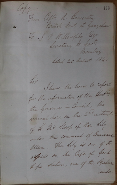 First letter from the British military officer and diplomat Atkins Hamerton on military defeat and artistic displays