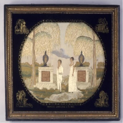 Phelps mourning embroidery from American Centuries' collections.  It shows two people visiting a grave flanked by weeping willows.