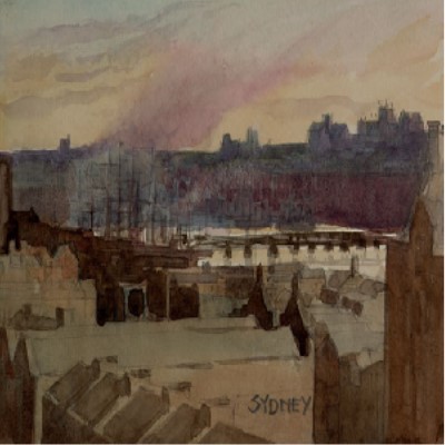 Australian Studies Resources 1897 watercolor of Sydney's port looking across the roofs of several buildings towards the harbor and ships