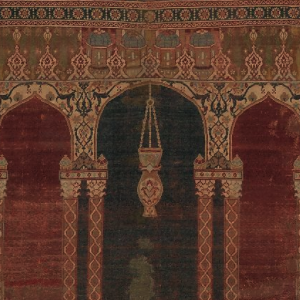 Carpet with Triple-Arch Design, ca. 1575–90, Turkey, The Metropolitan Museum of Art Image of a sixteenth-century Ottoman carpet showing a portion of the carpet's main design field that contains a triple arch design with slender double columns and a hanging lamp in the central archway