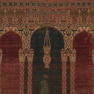 Image of a sixteenth-century Ottoman carpet showing a portion of the carpet's main design field that contains a triple arch design with slender double columns and a hanging lamp in the central archway