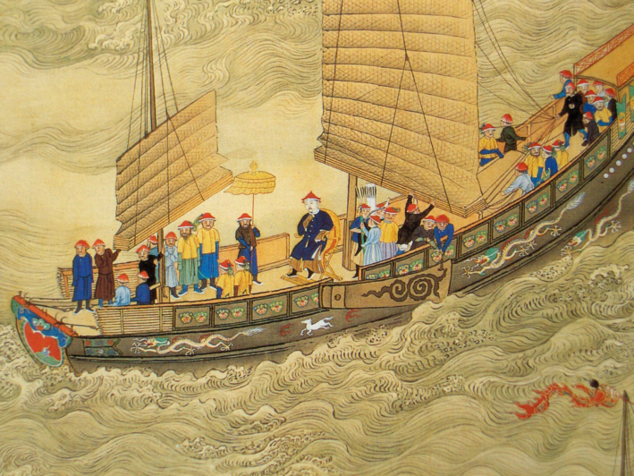 Painting of a Chinese junk at sea with the emperor and several functionaries on deck
