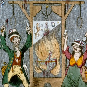 "The Radical's Arms" a political cartoon criticizing French Revolutionaries for the reign of terror by depicting two peasants with a guillotine before a burning globe