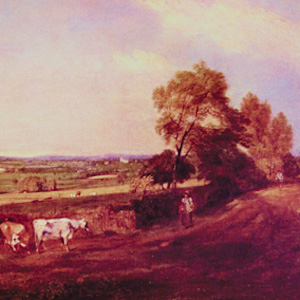 Painting thumbnail of a man and his cows in the countryside