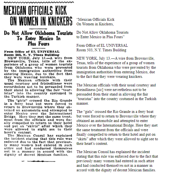 “Mexican Officials Kick On Women in Knickers, Do not allow Oklahoma Tourists to Enter Mexico in Plus Fours," Mexico City, 14 July 1924