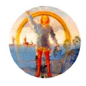 Circular medieval painting of a man raising his right arm