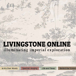 Black text reading Livingstone Online in large font, followed by the subheading illuminating imperial exploration. The background is a litograph of a steamboat on a river.