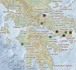 Color map of a portion of Greece, which some locations marked by red and green squares