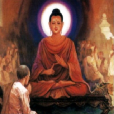 Image of a monk praying before Buddha