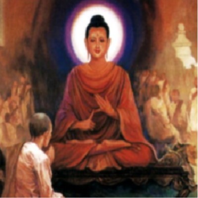 Urban Dharma Image of a monk praying before Buddha