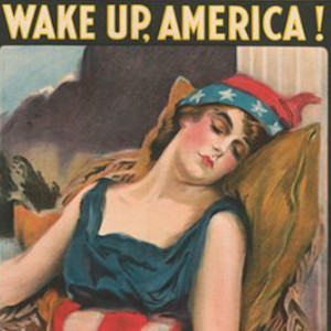 Poster shows a woman dressed in Stars & Stripes, symbolizing America asleep.