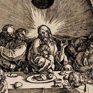 Detail of Durer's "Last Supper" from his Passion series showing Jesus holding one of his disciples