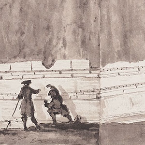 Drawing of two men working to create a large timeline