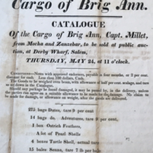 Ad for auction of ship's cargo. Description at link. 