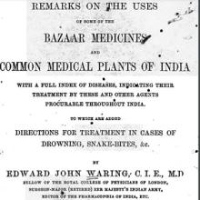 Picture of the title page of Edward Waring's book "Remarks on the Uses of Some of the Bazaar Medicines and Common Medical Plants of India"