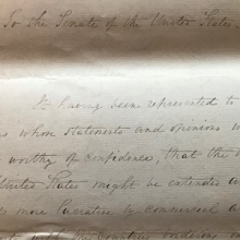First page of a letter from President Andrew Jackson to the Senate in 1834 on the expansion of US trade.