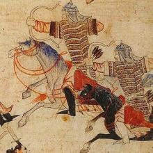 Painting shows mounted warriors armed with bow and arrows in combat